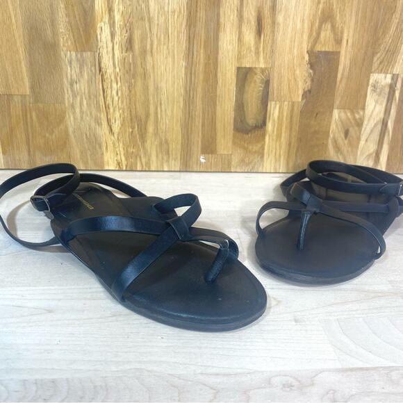Anthropologie Black Leather Thong Flat Sandal Ankle Wrap 9 - Picture 1 of 8